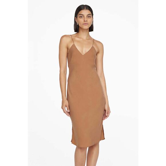 Anine Bing Bay Slip Dress Camel‎ Size Small Tan Brown Silky Midi Chic Sexy Cupro - Picture 1 of 16